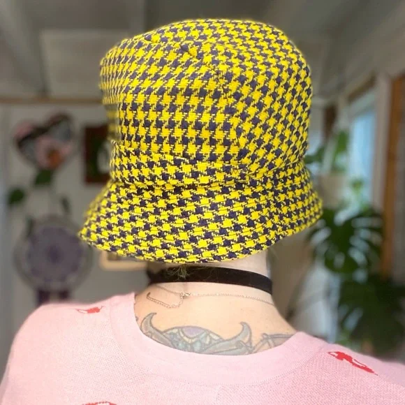 Vintage Preppy Trendy Yellow & Purple Houndstooth Print Reto Bucket Hat - Picture 10 of 11